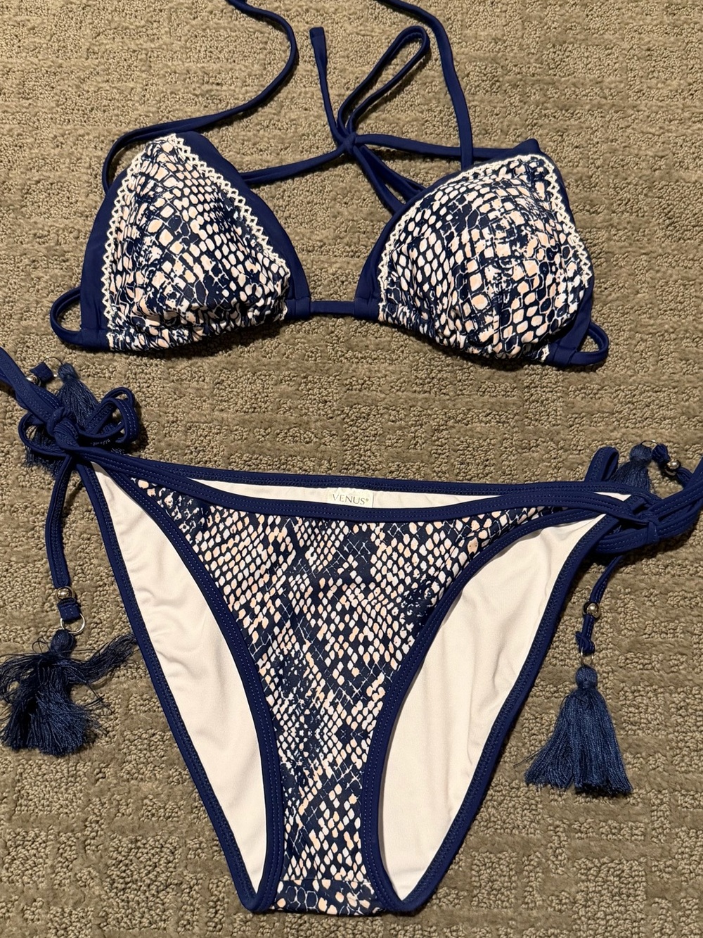 Navy & Cream Snakeskin Triangle Bikini - VENUS